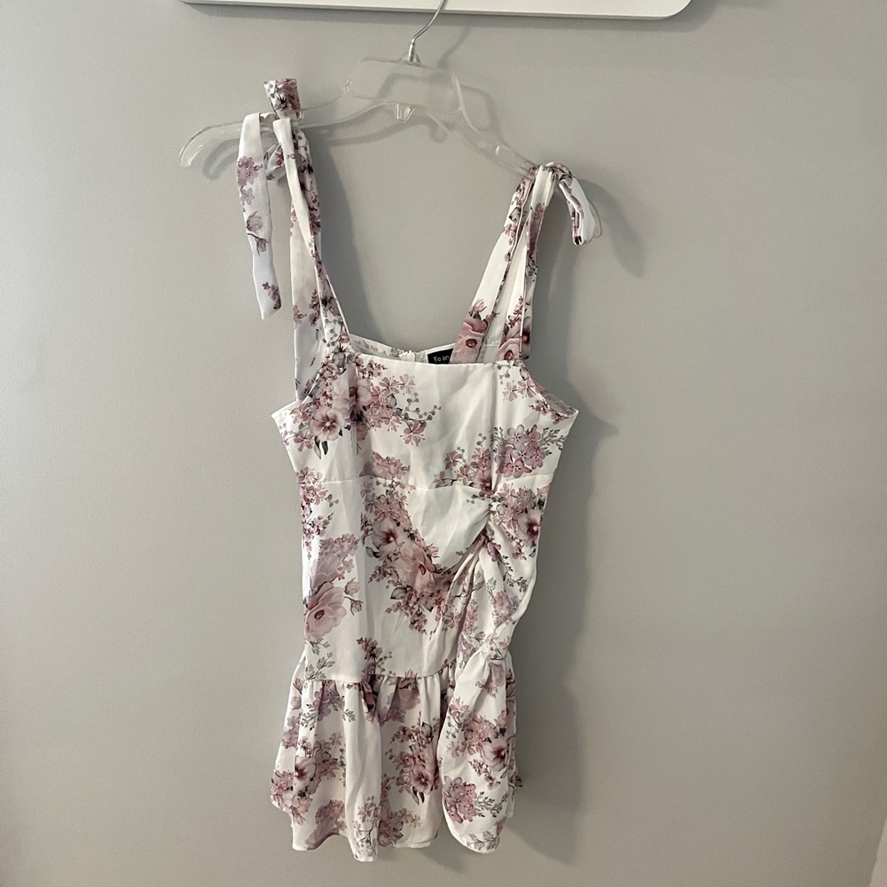 Floral mini purple bow tie strap dress